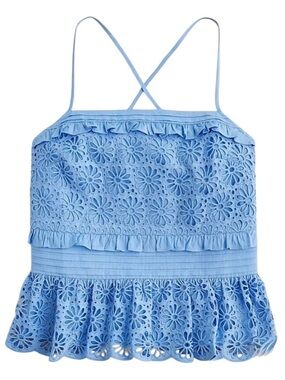 J. Crew Cross Back Smocked Waist Eyelet Top Ice Blue Size XL